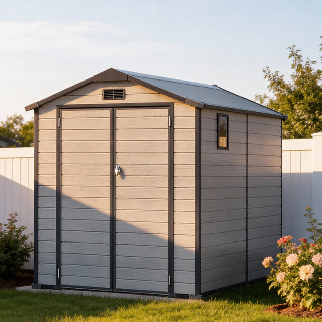 Patioslife 6x8 ft Outdoor Storage Shed, Beige with Gray Roof, Weatherproof Resin Tool Shed for Backyard Garden