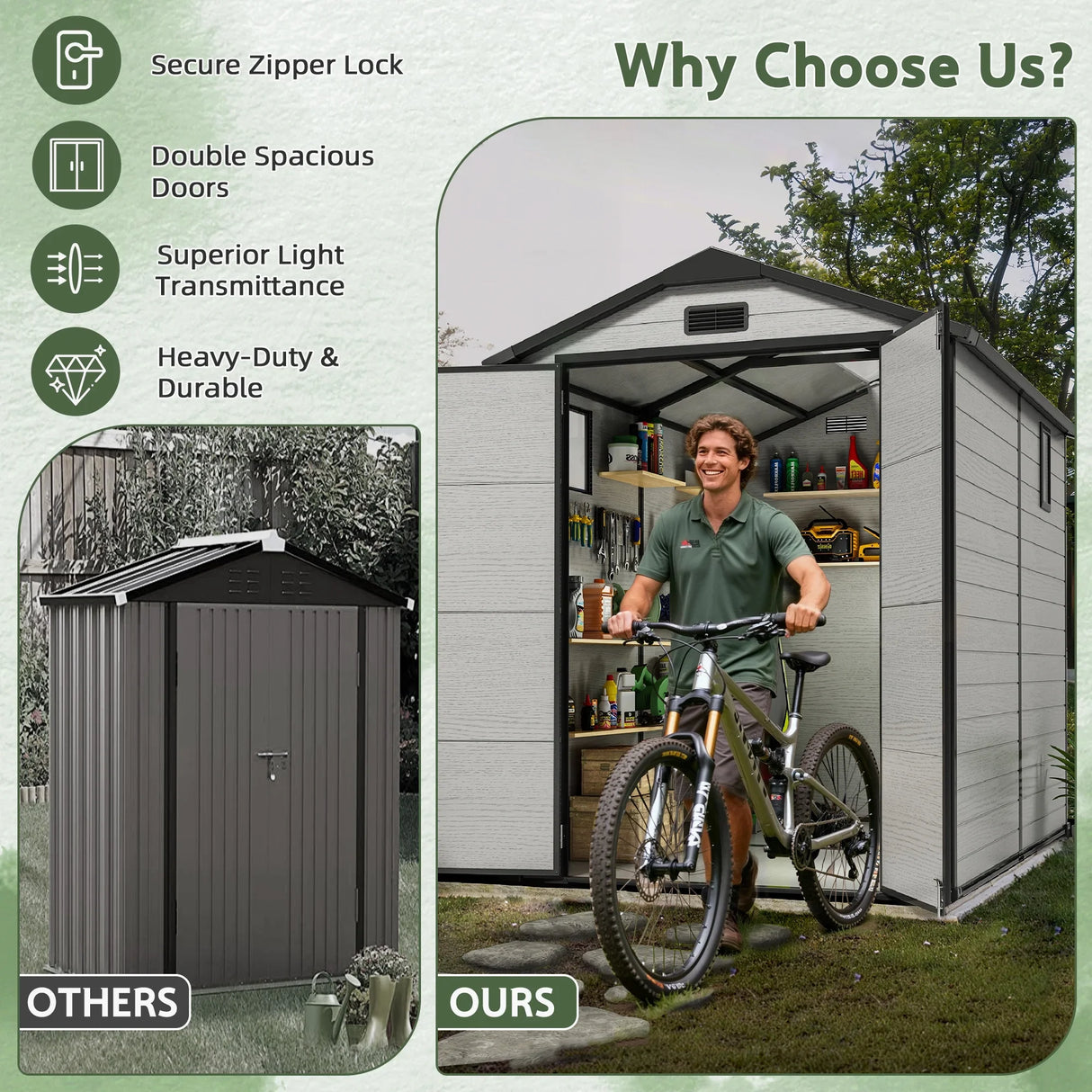 Why Choose Patioslife 6x8 ft Storage Shed, Durable Resin Construction with Spacious Doors and Superior Light Transmission