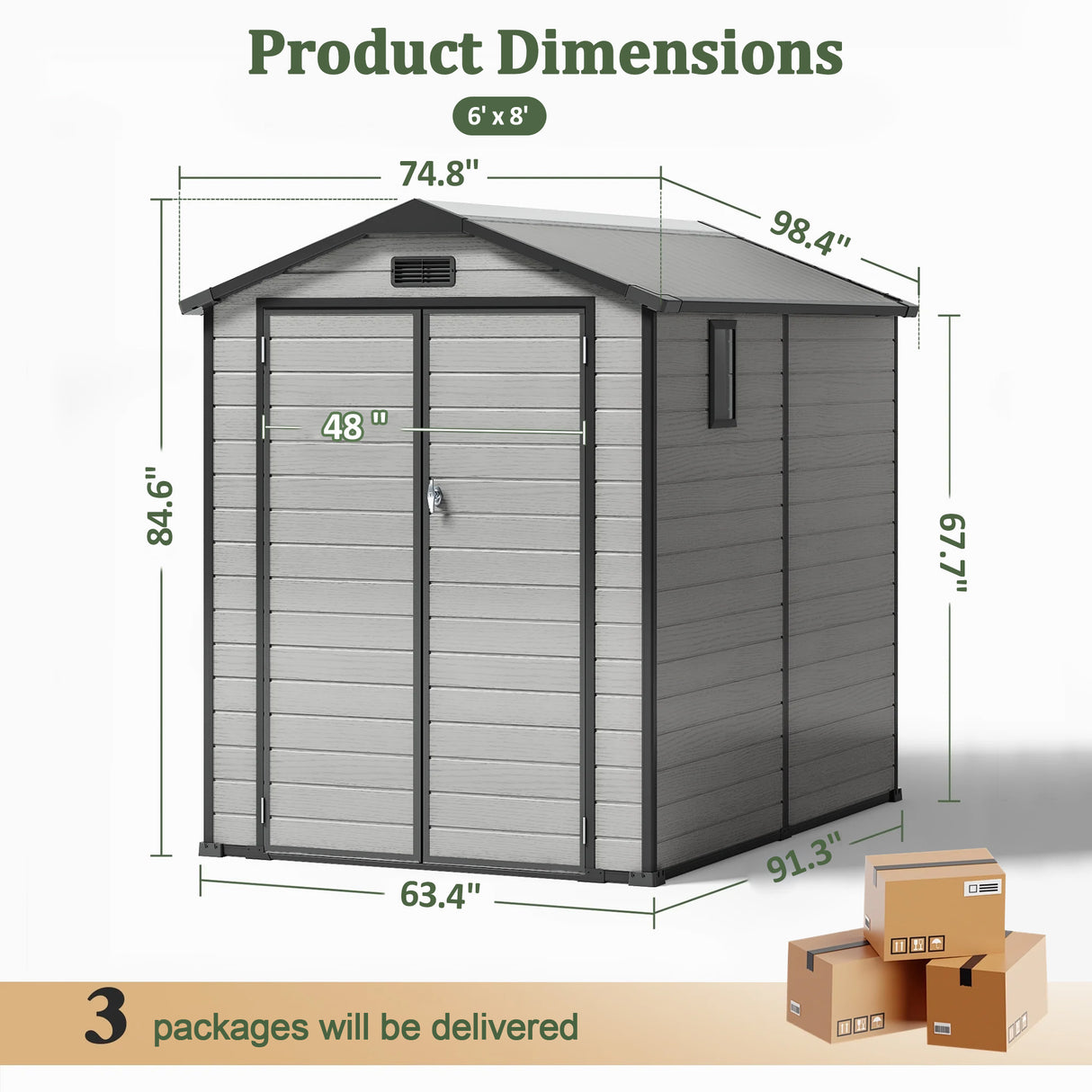 Patioslife 6x8 ft Outdoor Storage Shed Dimensions, Large Resin Shed with Spacious Interior for Tools and Garden Equipment