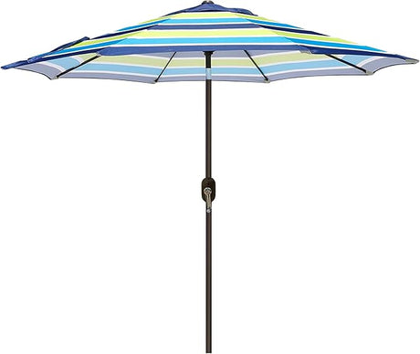Patioslife blue green striped patio umbrella with crank lift for beach patio and backyard shade