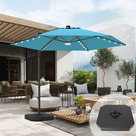 patioslife Sky Blue offset patio umbrella with built-in LED lights, including a heavy-duty hexagonal base, for outdoor shade by the pool or backyard