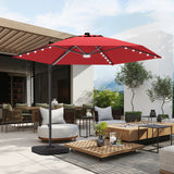 patioslife burgundy cantilever patio umbrella with built-in LED lights, solar-powered, large offset design for backyard, deck, or poolside shade