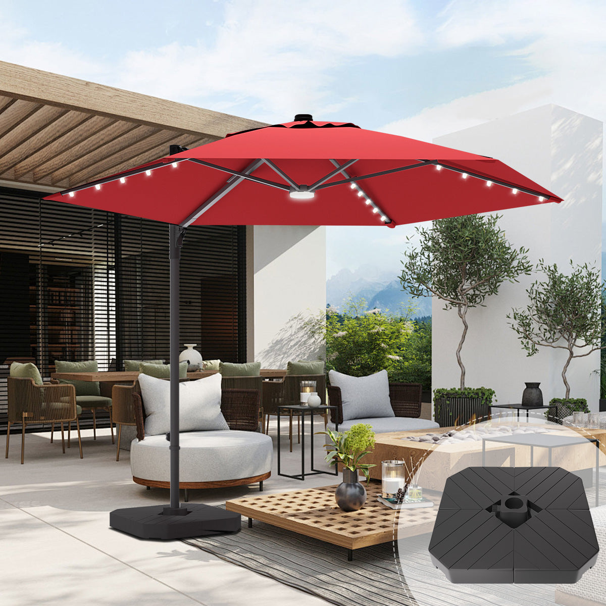 patioslife burgundy offset patio umbrella with built-in LED lights, including a heavy-duty hexagonal base, for outdoor shade by the pool or backyard