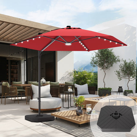 patioslife burgundy offset patio umbrella with built-in LED lights, including a heavy-duty hexagonal base, for outdoor shade by the pool or backyard
