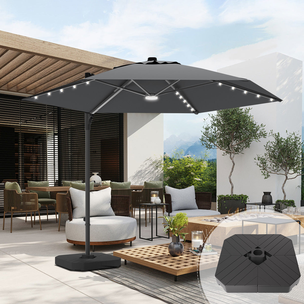 patioslife dark grey offset patio umbrella with built-in LED lights, including a heavy-duty hexagonal base, for outdoor shade by the pool or backyard