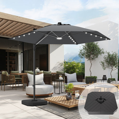patioslife dark grey offset patio umbrella with built-in LED lights, including a heavy-duty hexagonal base, for outdoor shade by the pool or backyard