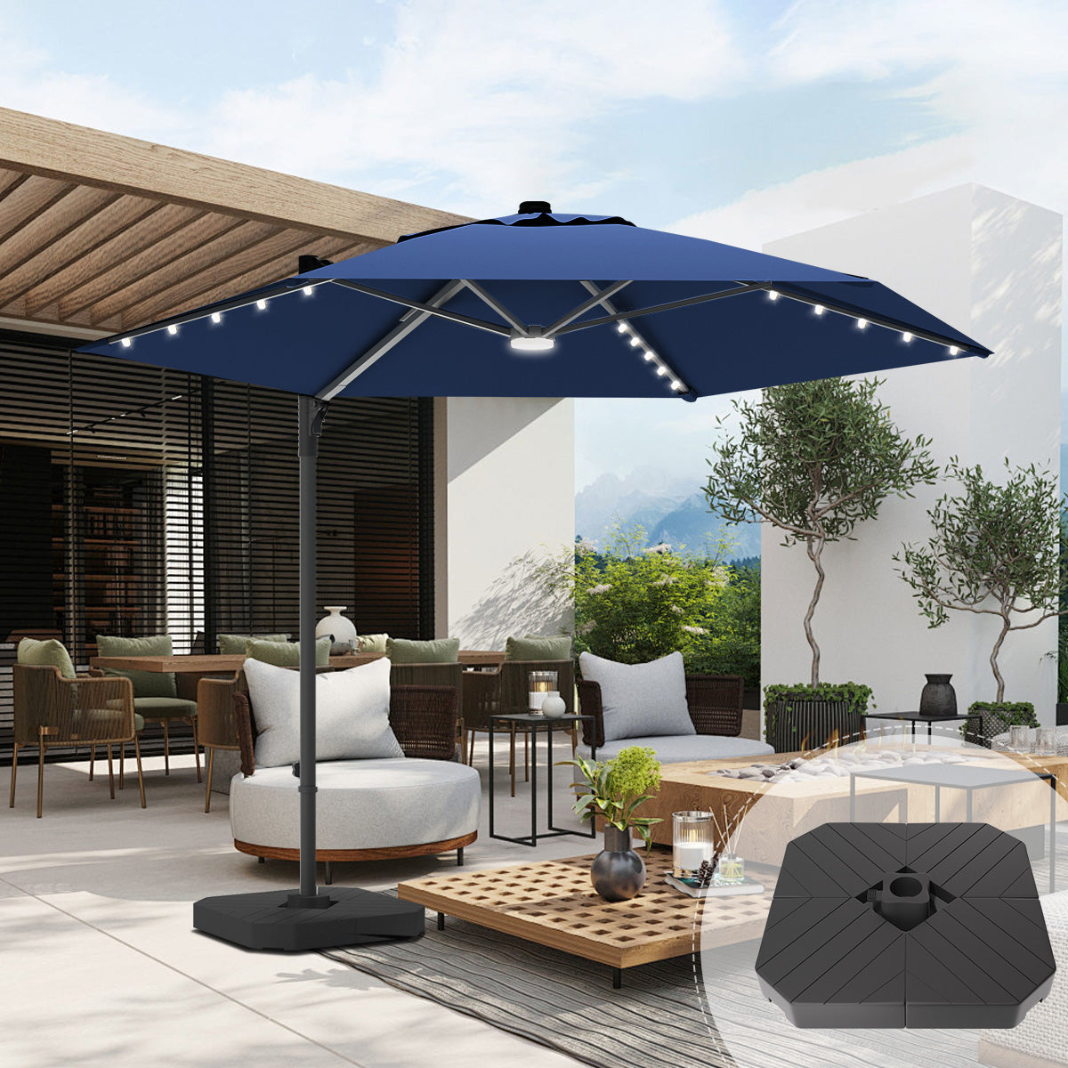 patioslife navy blue offset patio umbrella with built-in LED lights, including a heavy-duty hexagonal base, for outdoor shade by the pool or backyard