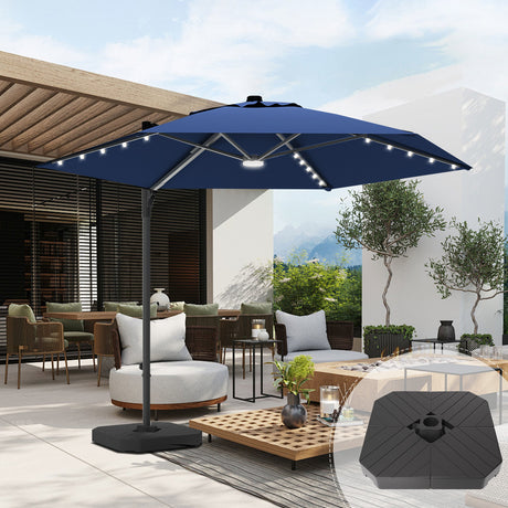 patioslife navy blue offset patio umbrella with built-in LED lights, including a heavy-duty hexagonal base, for outdoor shade by the pool or backyard