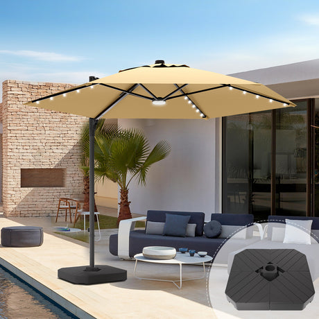 patioslife tan offset patio umbrella with built-in LED lights, including a heavy-duty hexagonal base, for outdoor shade by the pool or backyard