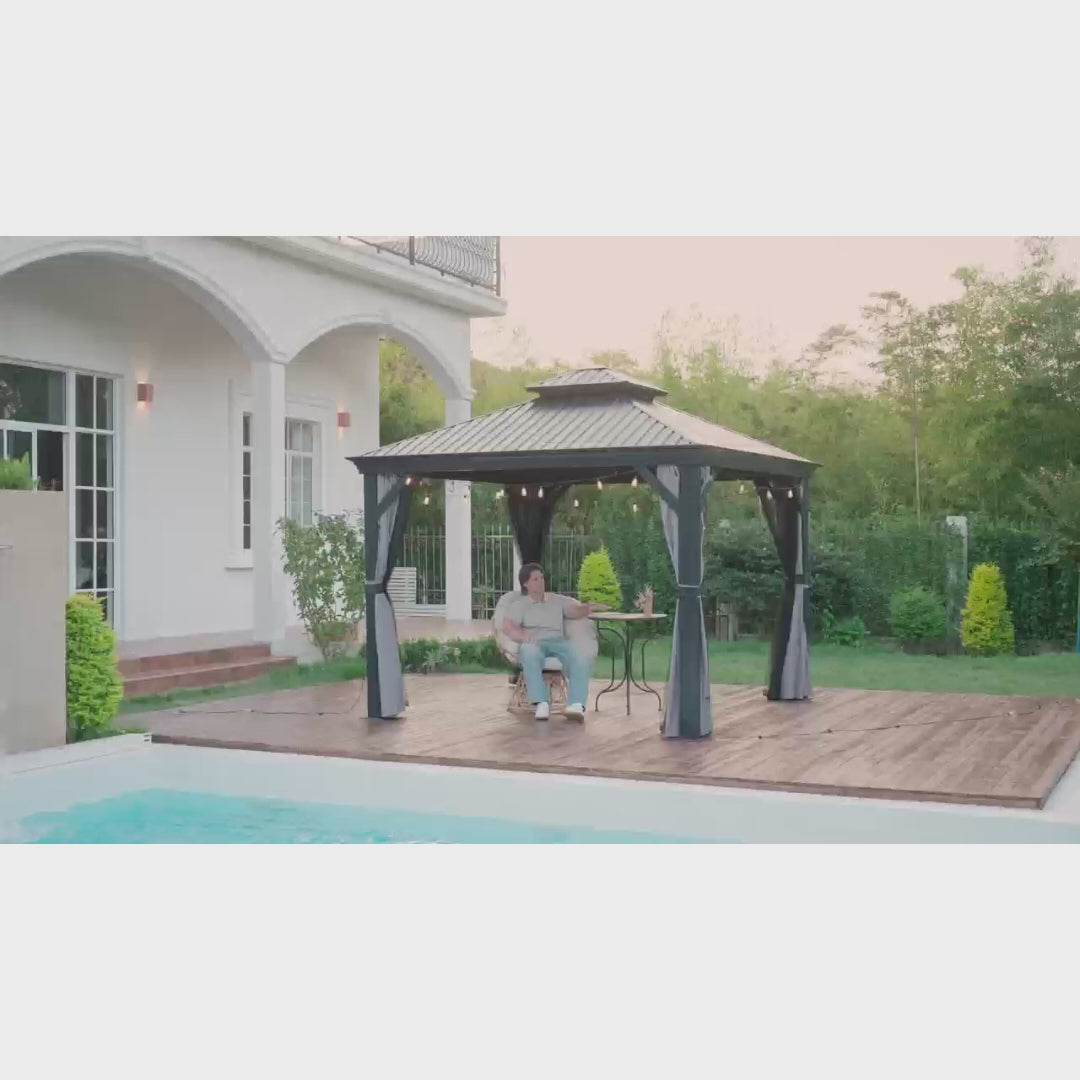 Patioslife Haven | 10' x 12' Grey Hardtop Luxury Gazebo, Aluminium Outdoor Structure with Double Vented Roof & Side Curtains