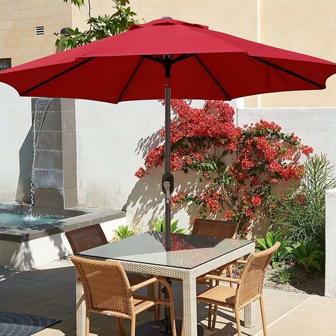 Patioslife 7.5ft red patio umbrella with crank tilt over outdoor dining table for garden and backyard shade