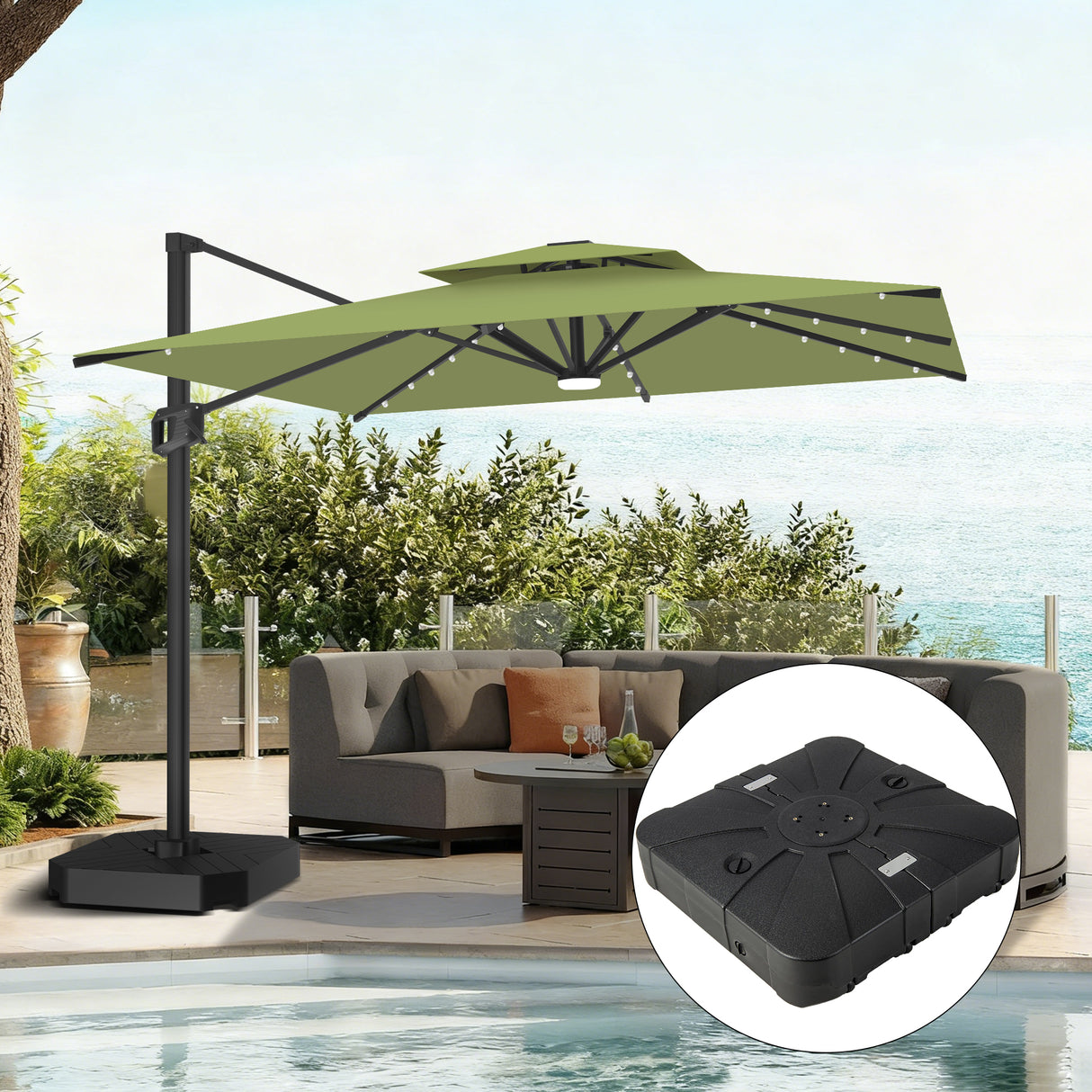 Patioslife 10x13ft sage green cantilever umbrella with LED lights and weighted base for garden patio sofa shade