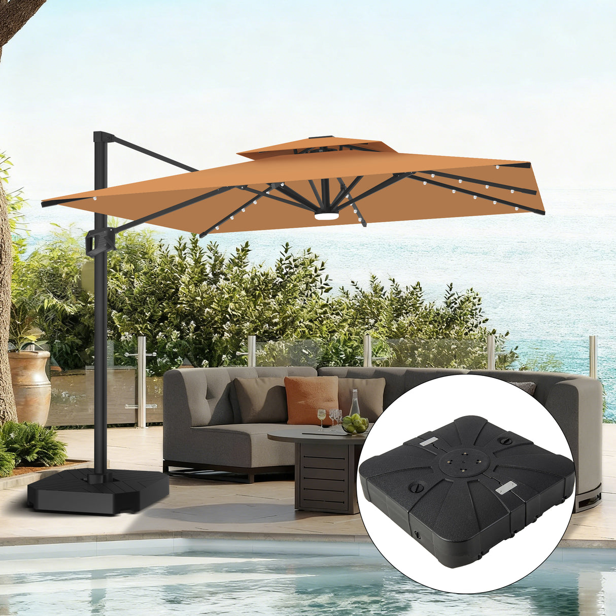 Patioslife 10x13ft tan cantilever umbrella with LED lights and weighted base for outdoor sectional sofa by pool