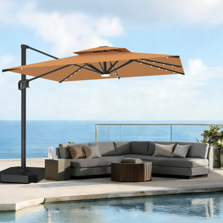 Patioslife 10x13ft tan cantilever umbrella with LED lights over outdoor sectional sofa by pool and ocean view
