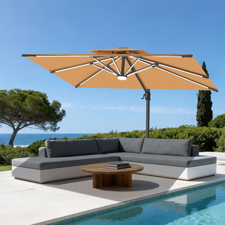 Patioslife 10x13 ft tan cantilever umbrella with LED lights shading outdoor sofa beside pool