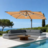 Patioslife 10x13 ft tan cantilever umbrella with LED lights shading outdoor sofa beside pool