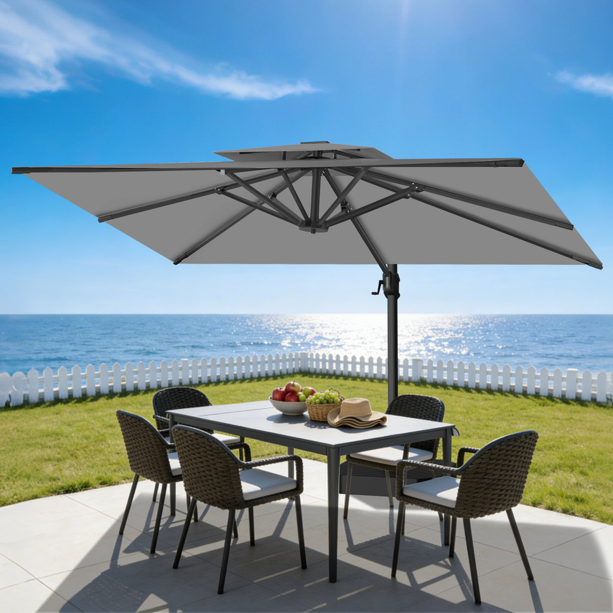 Patioslife 10x13 ft tan cantilever umbrella shading patio dining table on ocean view backyard