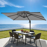Patioslife 10x13 ft tan cantilever umbrella shading patio dining table on ocean view backyard