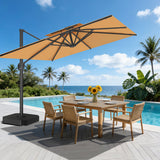 Patioslife 10x13 ft tan cantilever umbrella over poolside dining table with tropical backyard view