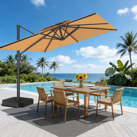Patioslife 10x13 ft tan cantilever umbrella over poolside dining table with tropical backyard view