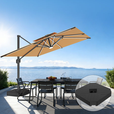 Patioslife 10x13 ft tan cantilever umbrella with LED lights and wheeled base over ocean view dining patio
