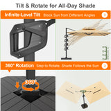 Patioslife cantilever umbrella with infinite tilt and 360 degree rotation for all day patio shade