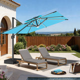 Patioslife 10x13 ft turquoise cantilever umbrella with LED lights shading poolside lounge chairs in backyard