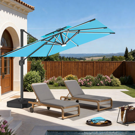 Patioslife 10x13 ft turquoise cantilever umbrella with LED lights shading poolside lounge chairs in backyard