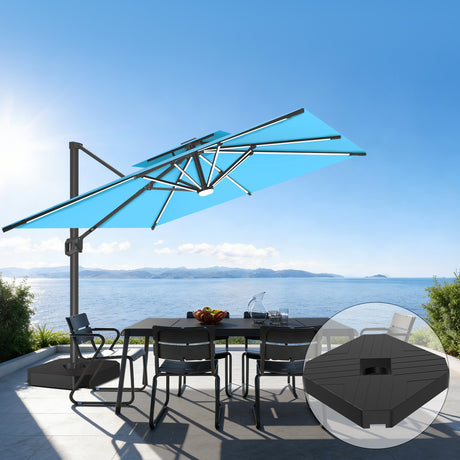 Patioslife 10x13 ft turquoise cantilever umbrella with LED lights and wheeled base for outdoor patio dining