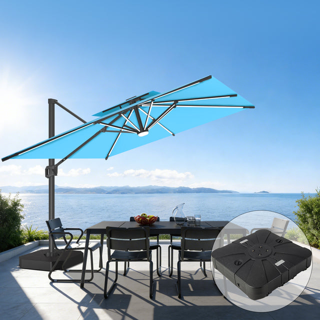 Patioslife 10x13 ftturquoise cantilever umbrella with LED lights and wheeled base over ocean view patio dining set