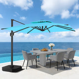 Patioslife 10x13 ft turquoise cantilever umbrella over white outdoor dining set beside ocean view pool