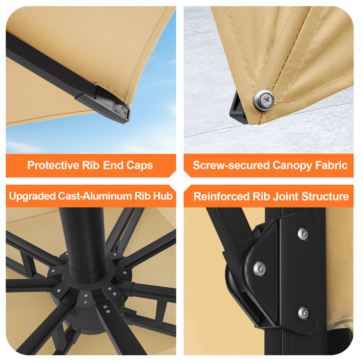Patioslife cantilever umbrella frame details with protective rib caps screw secured canopy and reinforced joints
