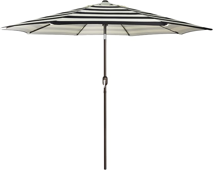 Patioslife black and white striped patio umbrella with crank lift for outdoor dining table shade